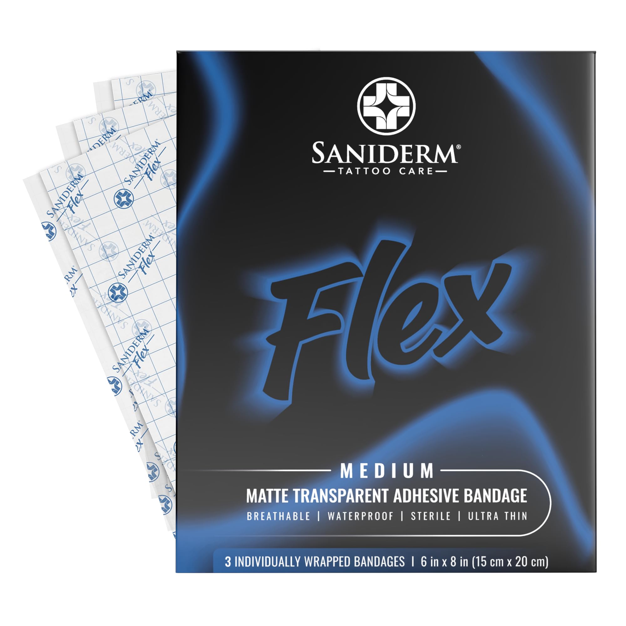 Saniderm Flex bandage packaging shows sterile, convenient tattoo aftercare for on-the-go protection.