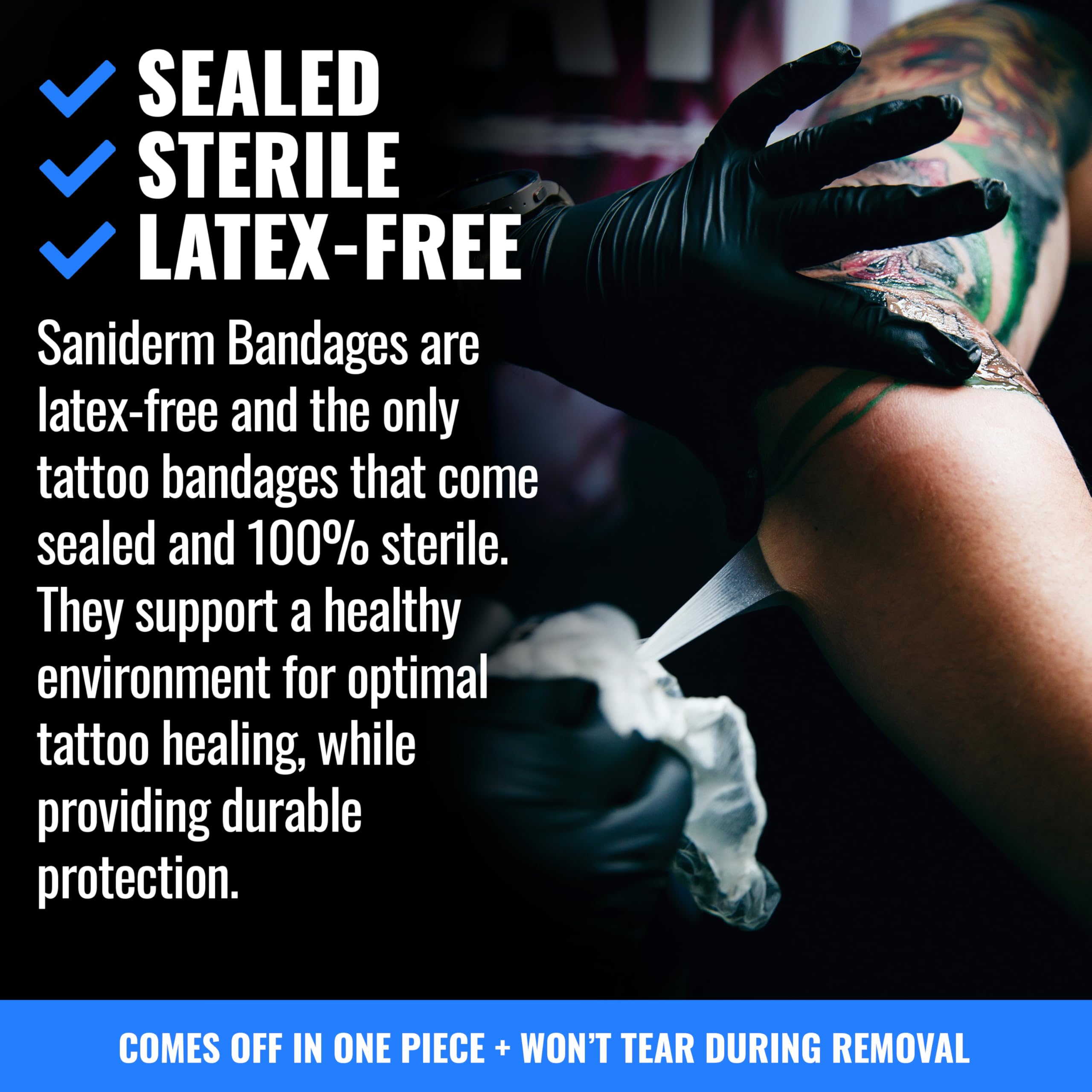Saniderm Flex sealed sterile label communicates clean, latex-free protection for sensitive skin during healing.