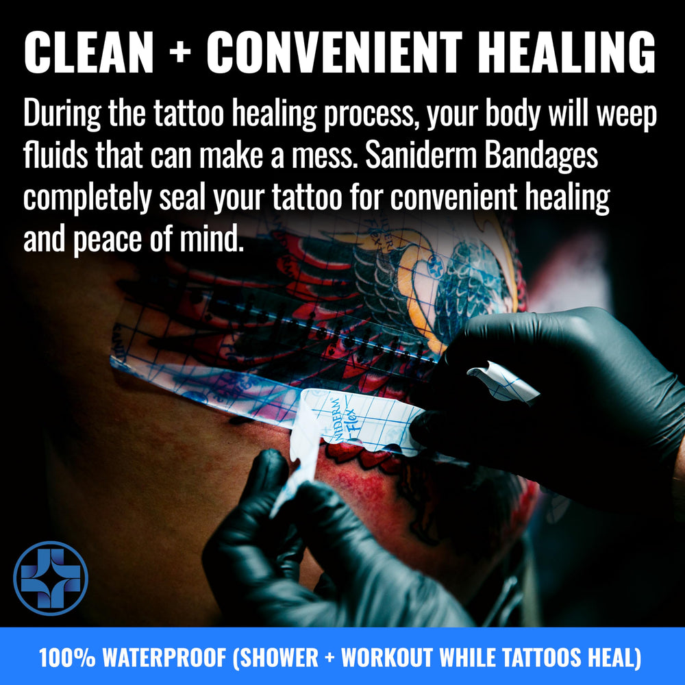 Saniderm Flex tattoo aftercare wrap in use during activity