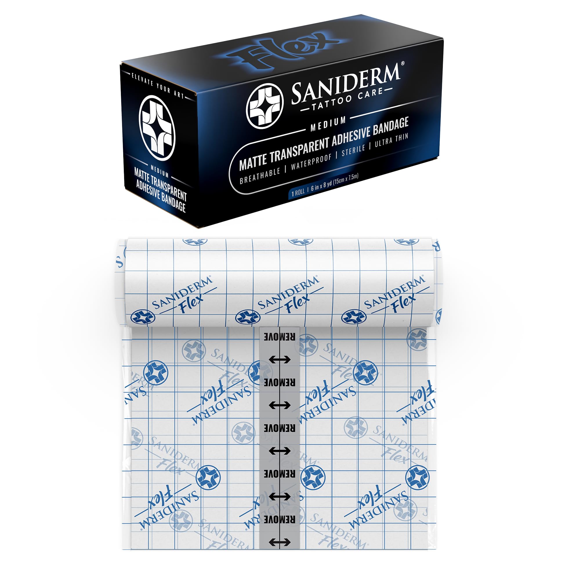 Saniderm Flex tattoo bandage with matte finish on skin for low-glare protection