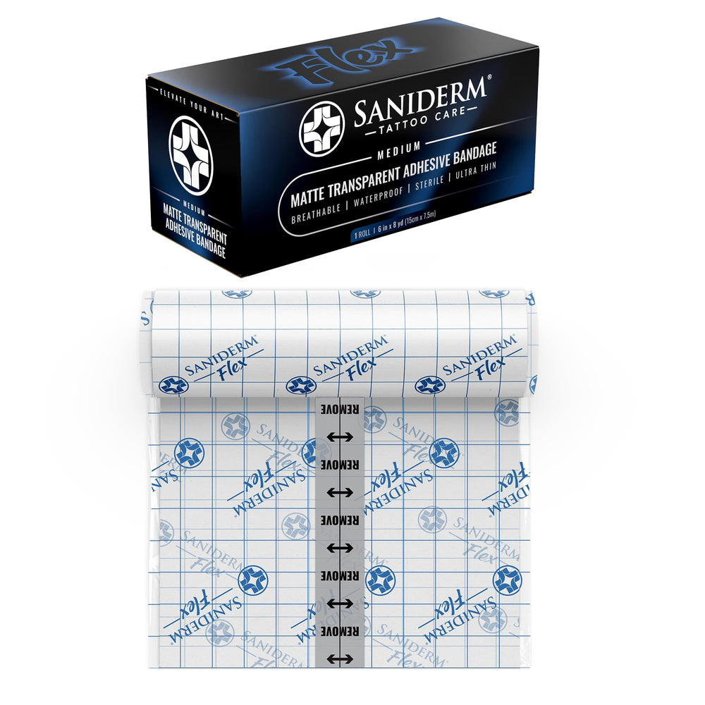 Saniderm Flex tattoo bandage with matte finish on skin for low-glare protection