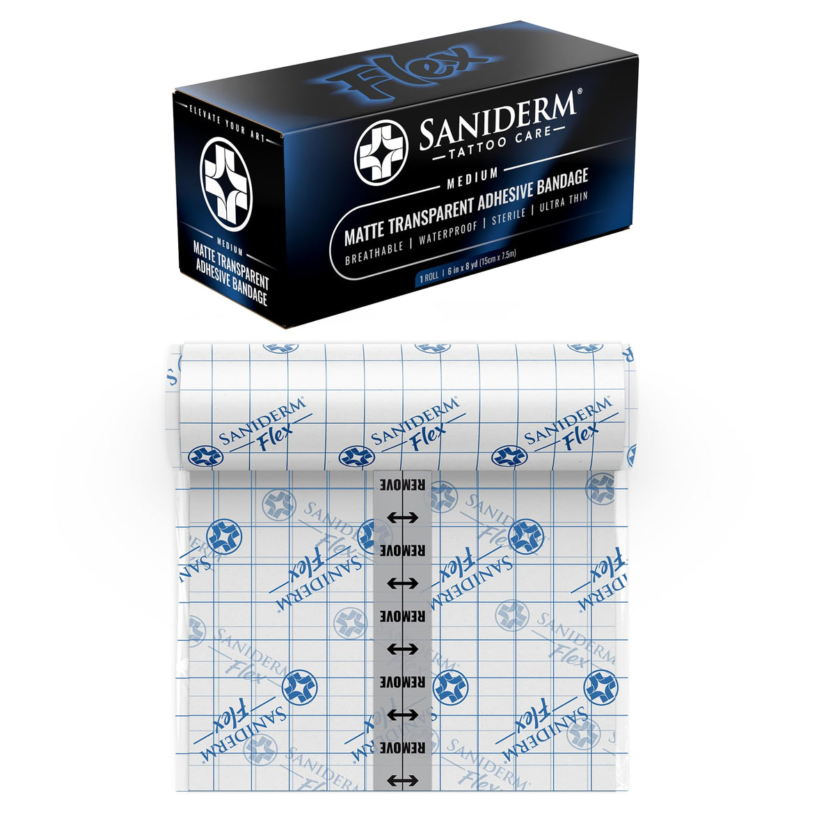 Saniderm Flex tattoo bandage with matte finish on skin for low-glare protection