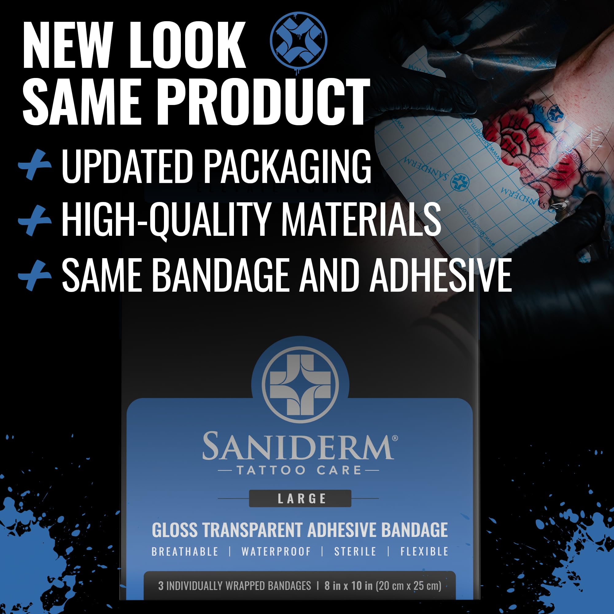 Saniderm original gloss bandage closeup showing sterile seal for healing.
