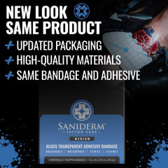 Saniderm original gloss bandage closeup showing sterile protective barrier for tattoos