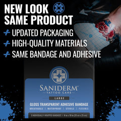 Saniderm original gloss bandage closeup showing sterile seal for healing.
