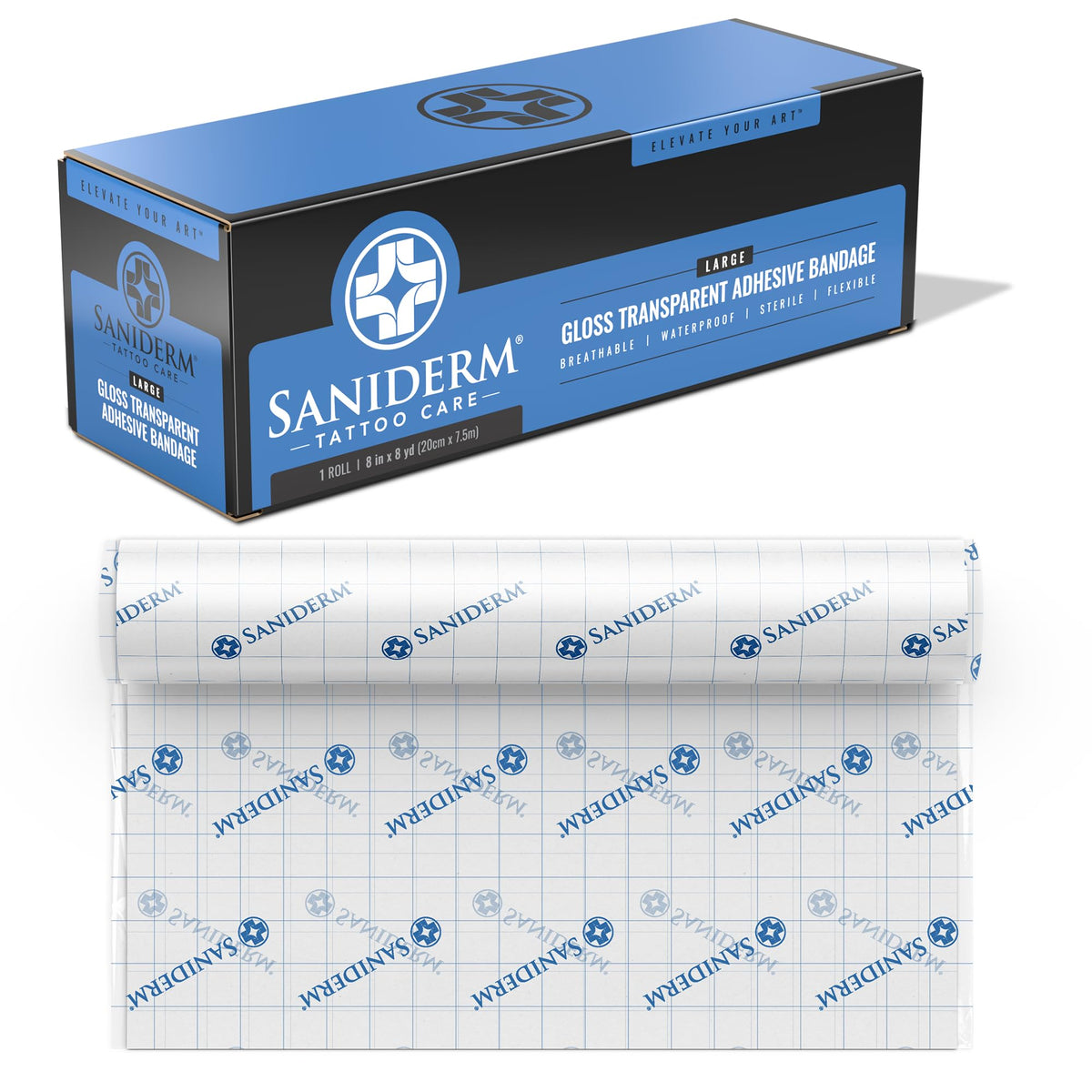 Saniderm Original Tattoo Bandage roll closeup with medical-grade adhesive for clean healing.
