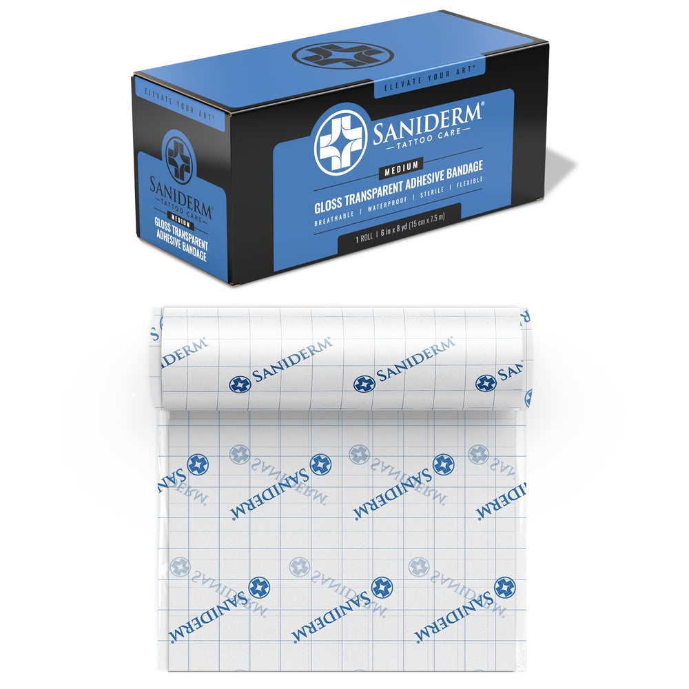 Saniderm Original tattoo bandage sealed-pack demonstrates sterile packaging for clean application.