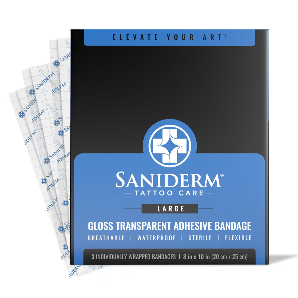 Saniderm tattoo aftercare bandage large pack three sheets protects new ink during daily activities.