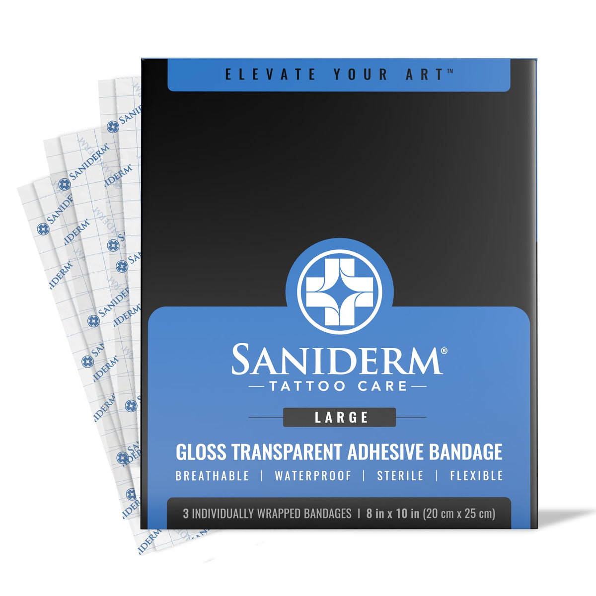 Saniderm tattoo aftercare bandage large pack three sheets protects new ink during daily activities.