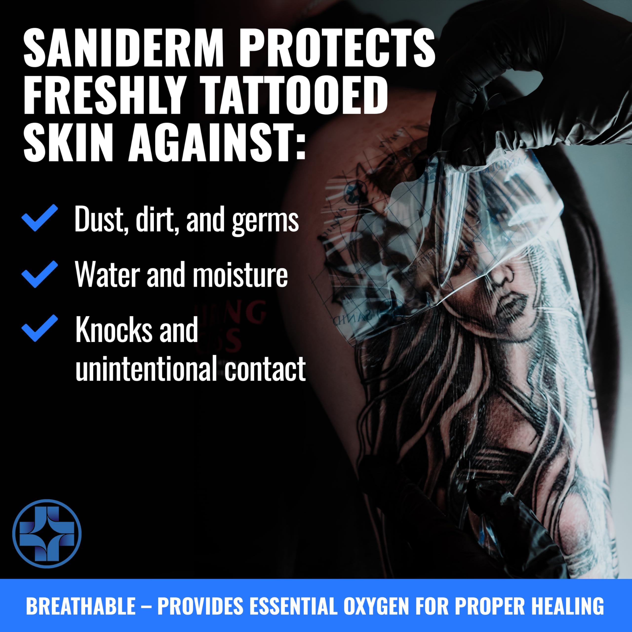 Saniderm tattoo cover suitable for workouts, swimming, and everyday activities.
