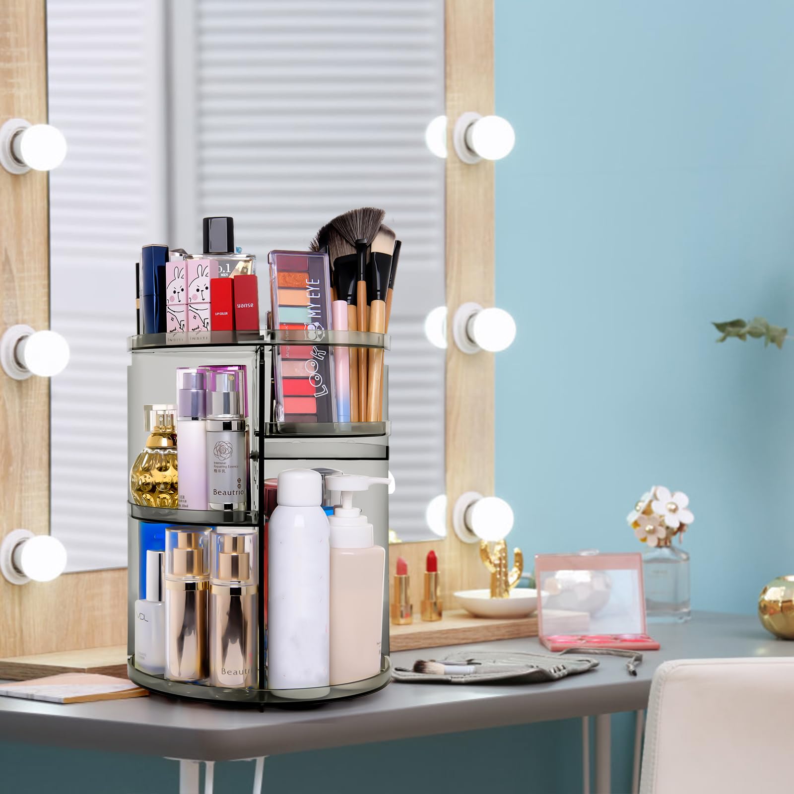 sanipoe spinning skincare organizer on vanity demonstrates large capacity