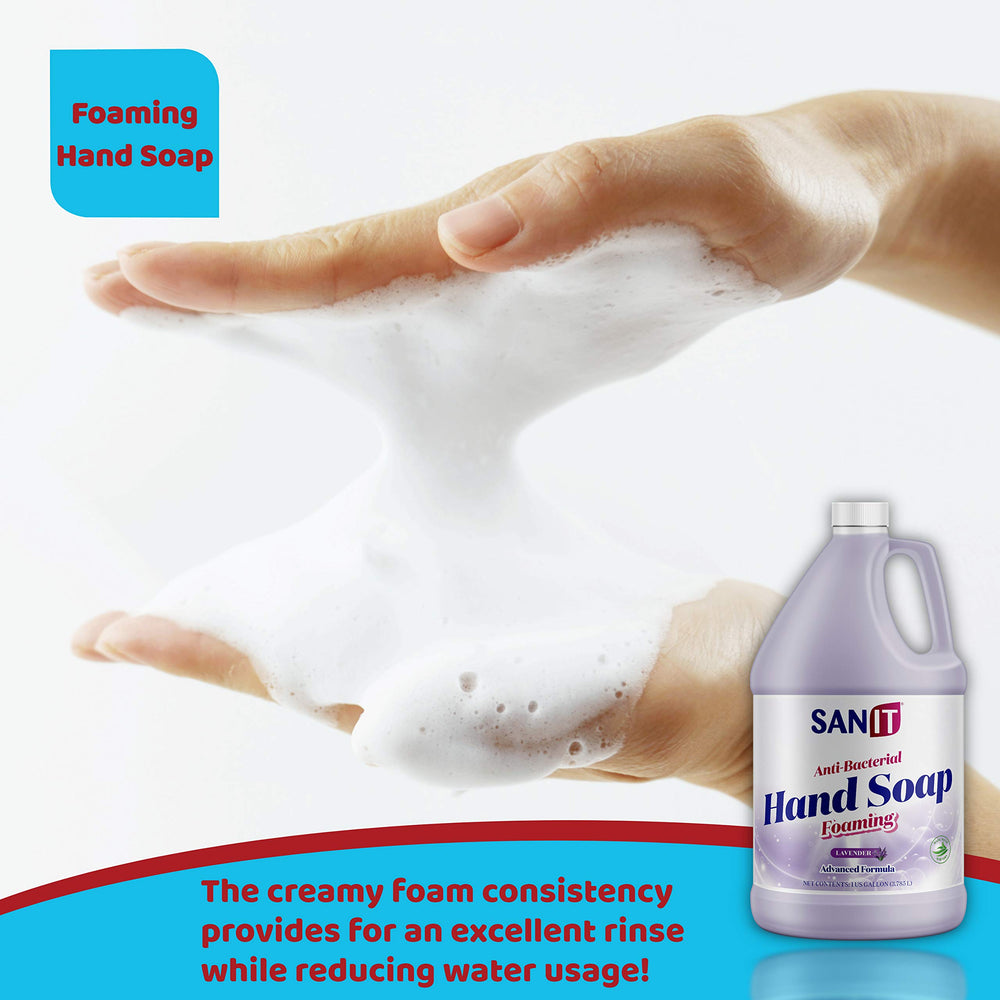 Sanit advanced formula foam closeup depicts rich, non-sticky lather and clean rinse