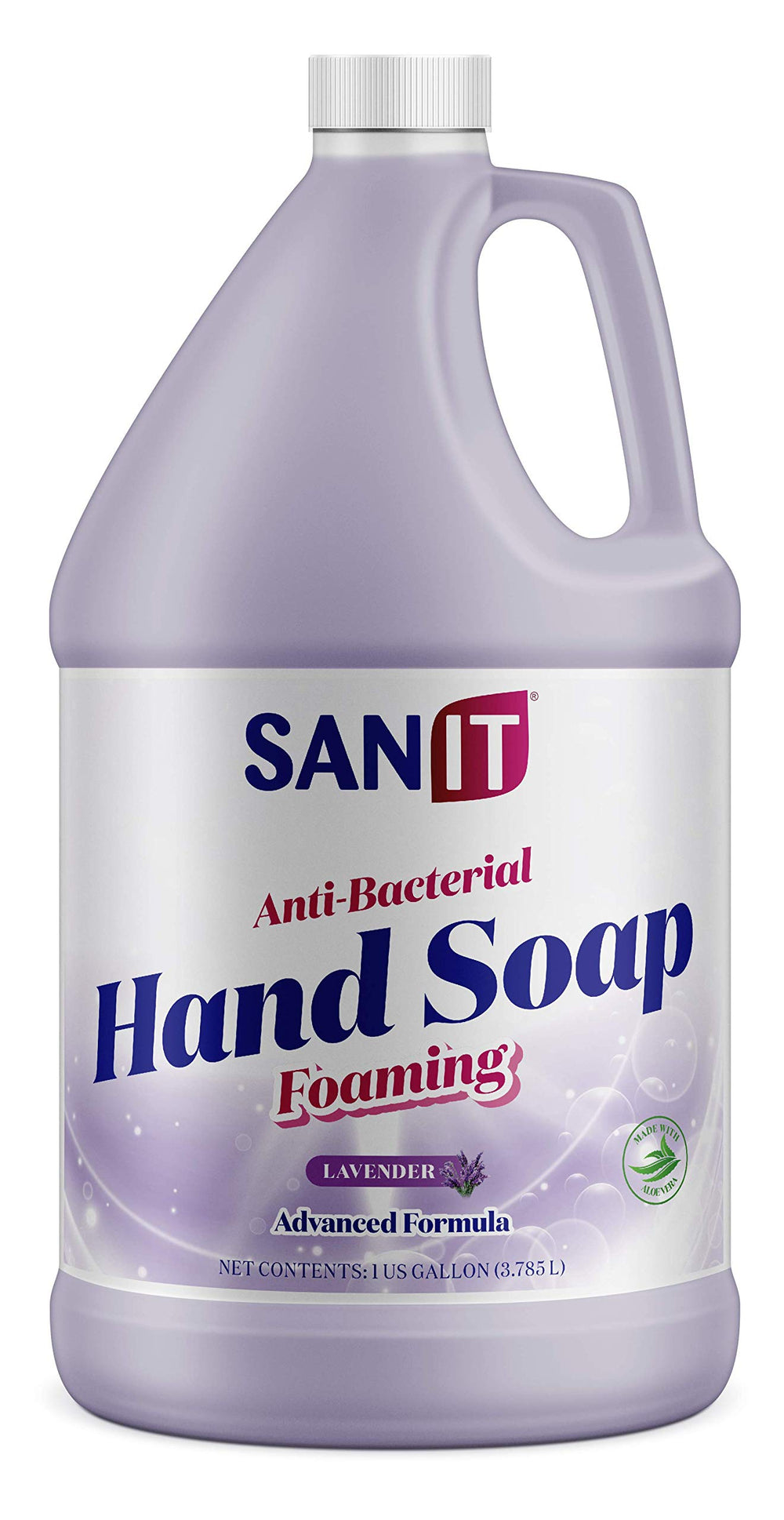 Sanit antibacterial foaming hand soap refill lavender bottle shows the product's packaging and pump
