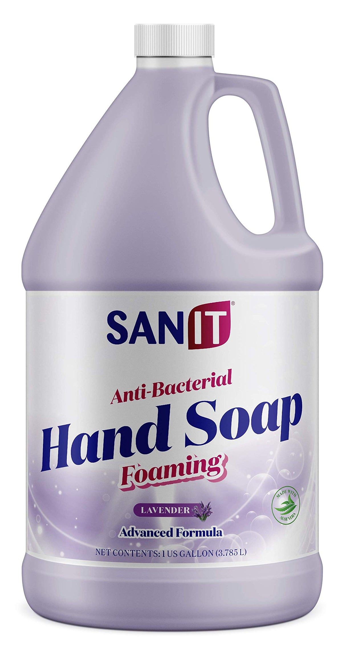 Sanit antibacterial foaming hand soap refill lavender bottle shows the product's packaging and pump