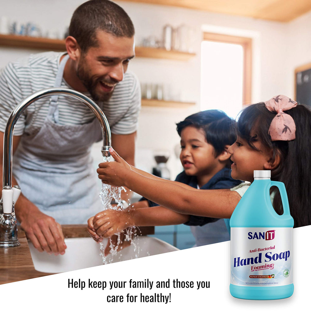 Sanit antibacterial foaming hand soap refill mango coconut aloe vera ingredient emphasis