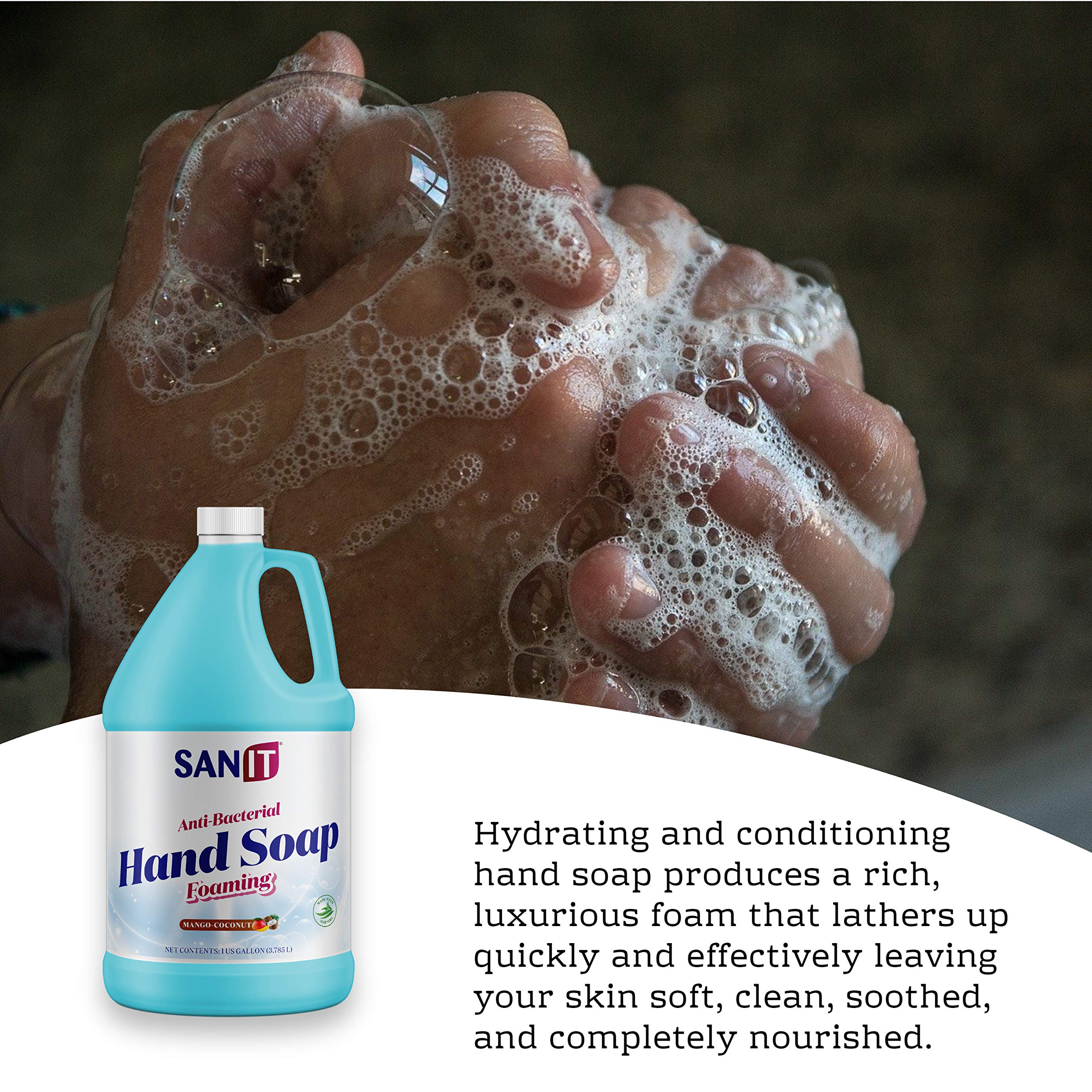 Sanit antibacterial foaming hand soap refill mango coconut label highlighting USA-made formula and natural ingredients