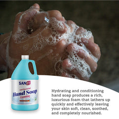 Sanit antibacterial foaming hand soap refill mango coconut label highlighting USA-made formula and natural ingredients