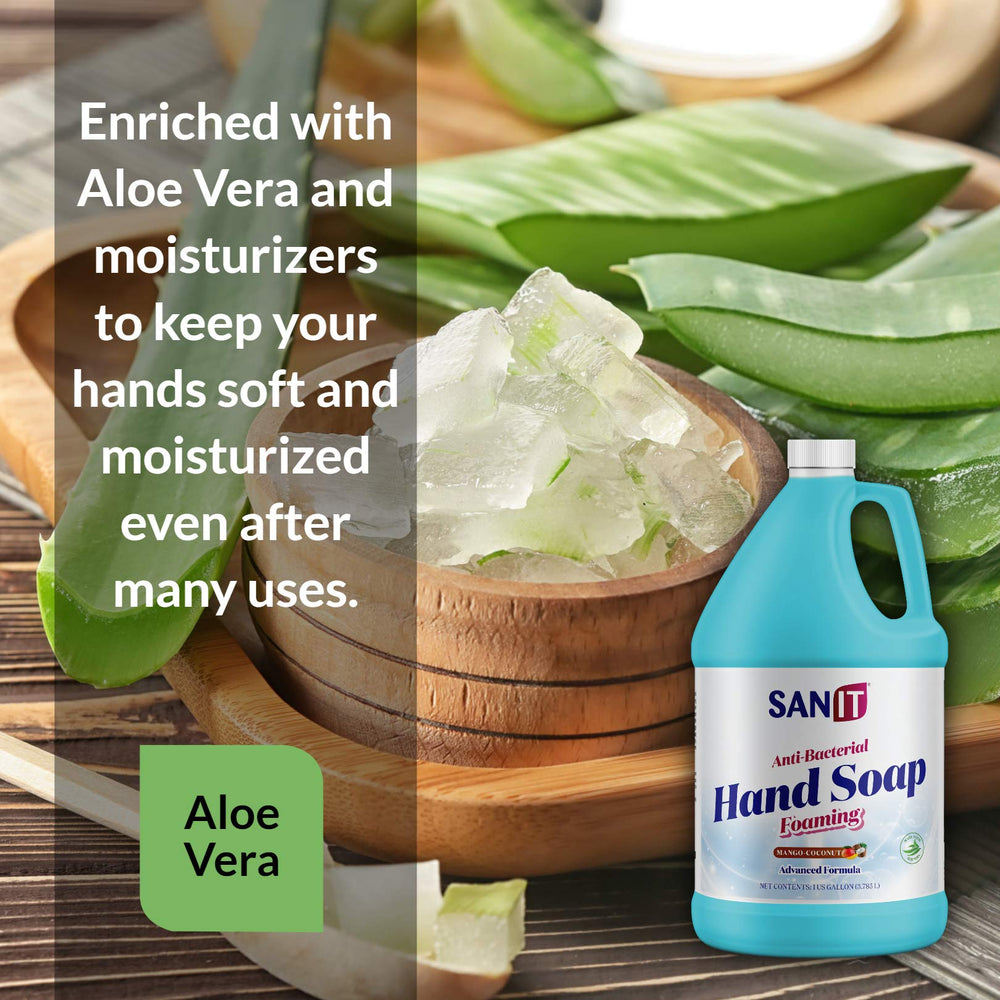 Sanit antibacterial foaming hand soap refill mango coconut packaging featuring USA-made claim