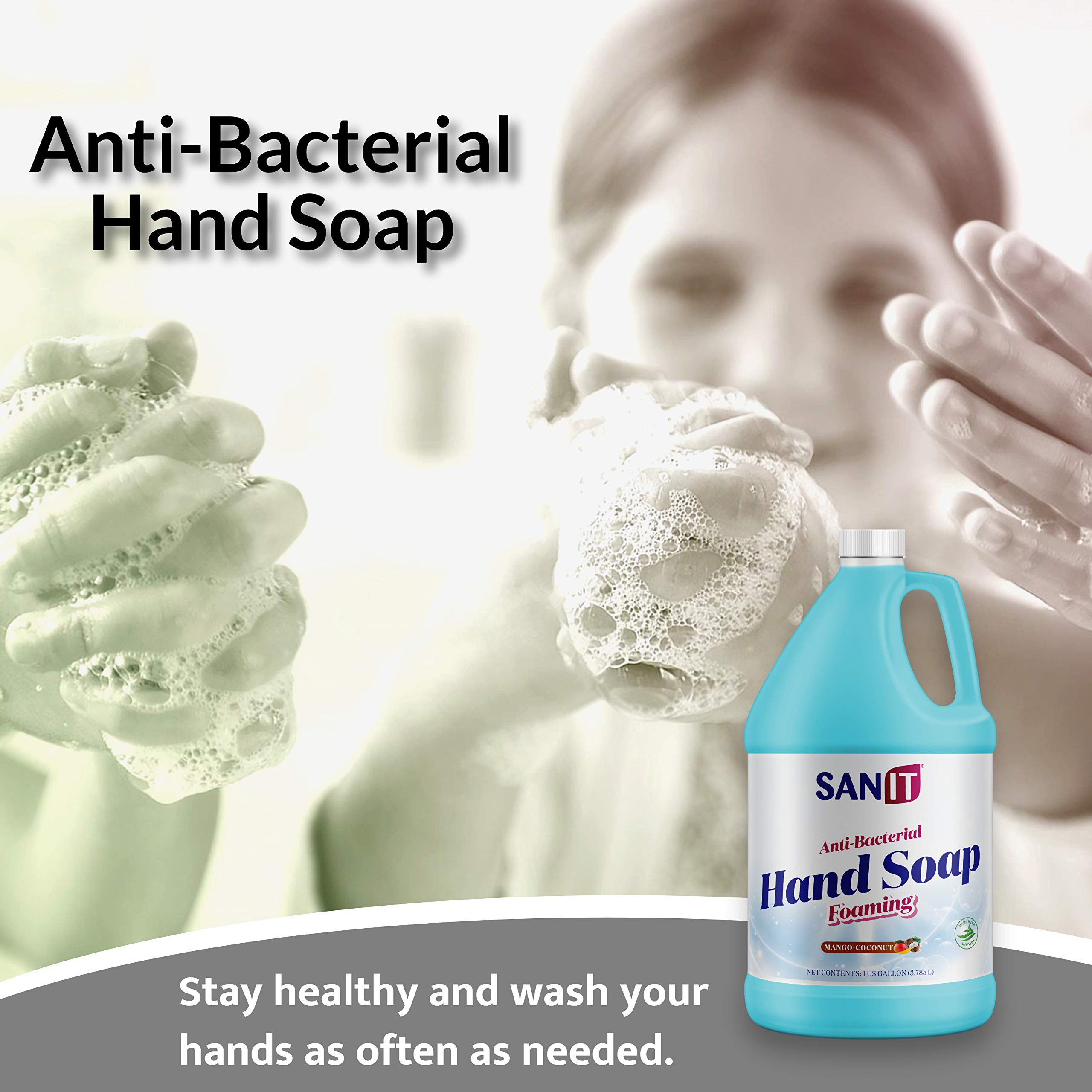 Sanit antibacterial foaming hand soap refill mango coconut with pump shows convenient refill setup