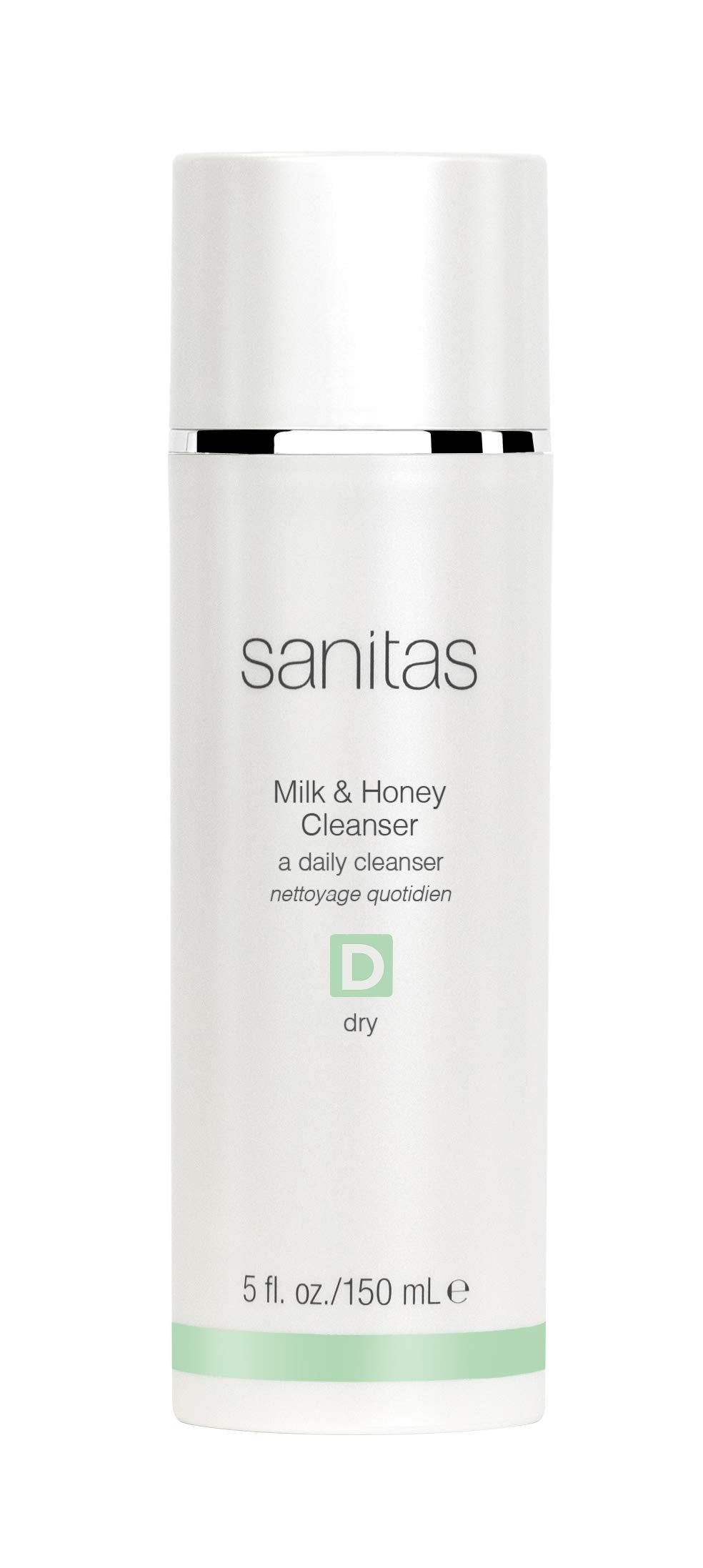 Sanitas Milk & Honey Cleanser bottle pour delivers creamy hydration for dry skin.