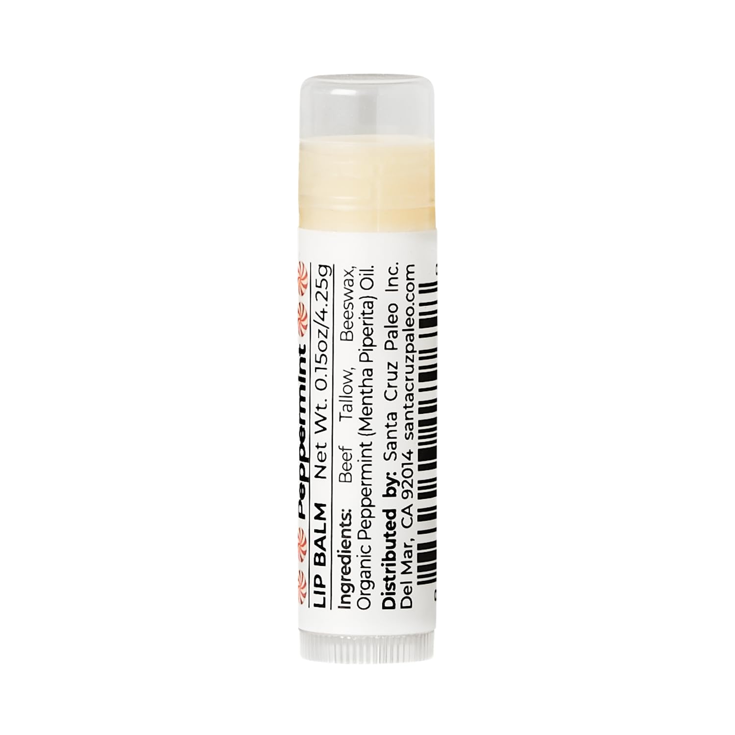 Santa Cruz Paleo lip balm on lips, soothing moisture during cold weather.