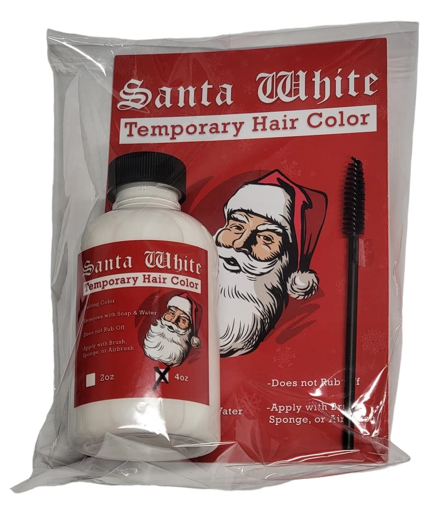 Santa White bottle and brush applying color for quick costume-ready hair