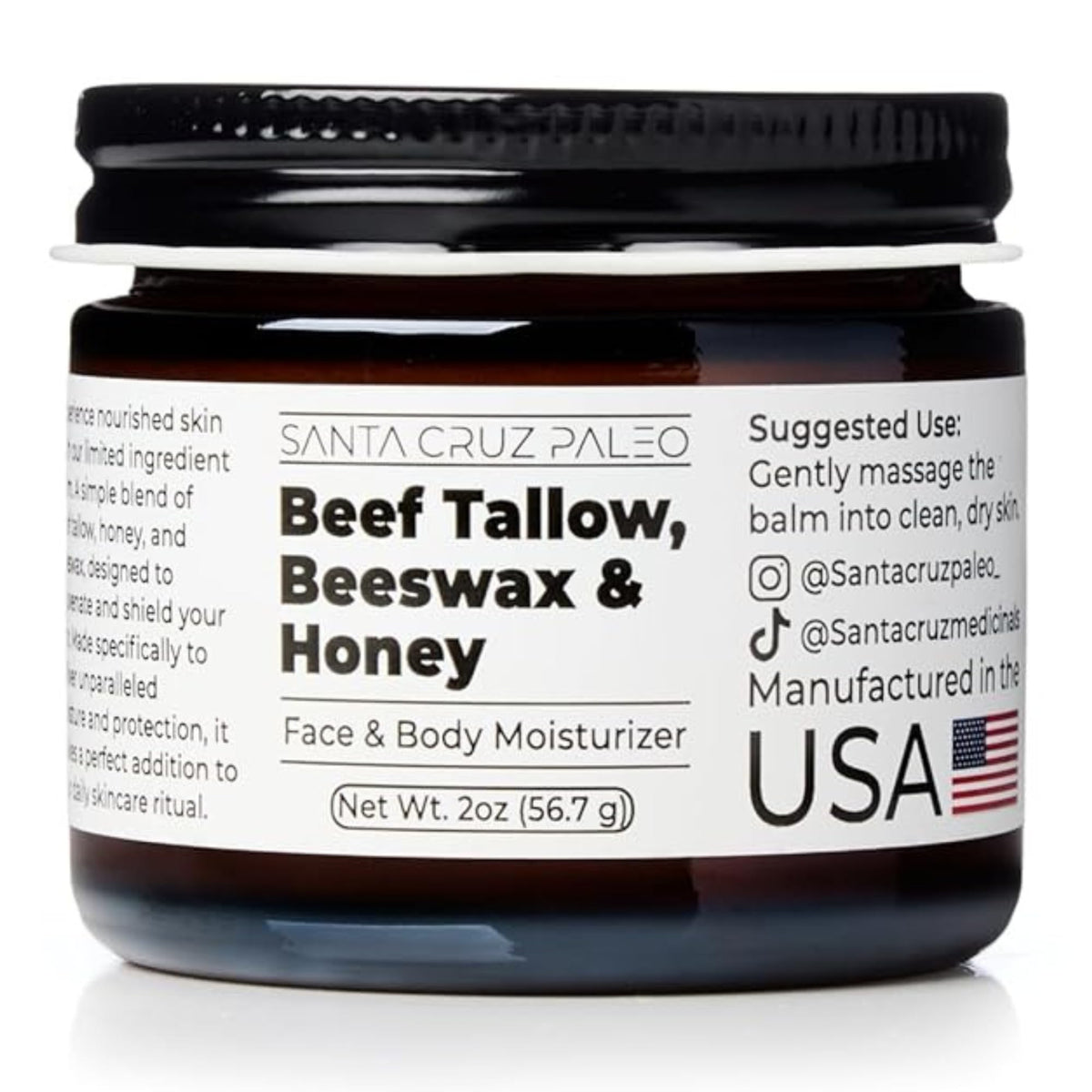Santa Cruz Paleo beef-tallow face moisturizer bottle delivers deep hydration for dry or sensitive skin.