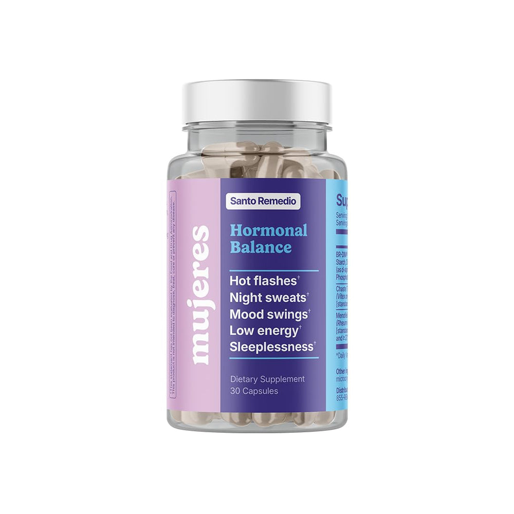 Santo Remedio Hormonal Balance bottle with capsules may ease hot flashes.