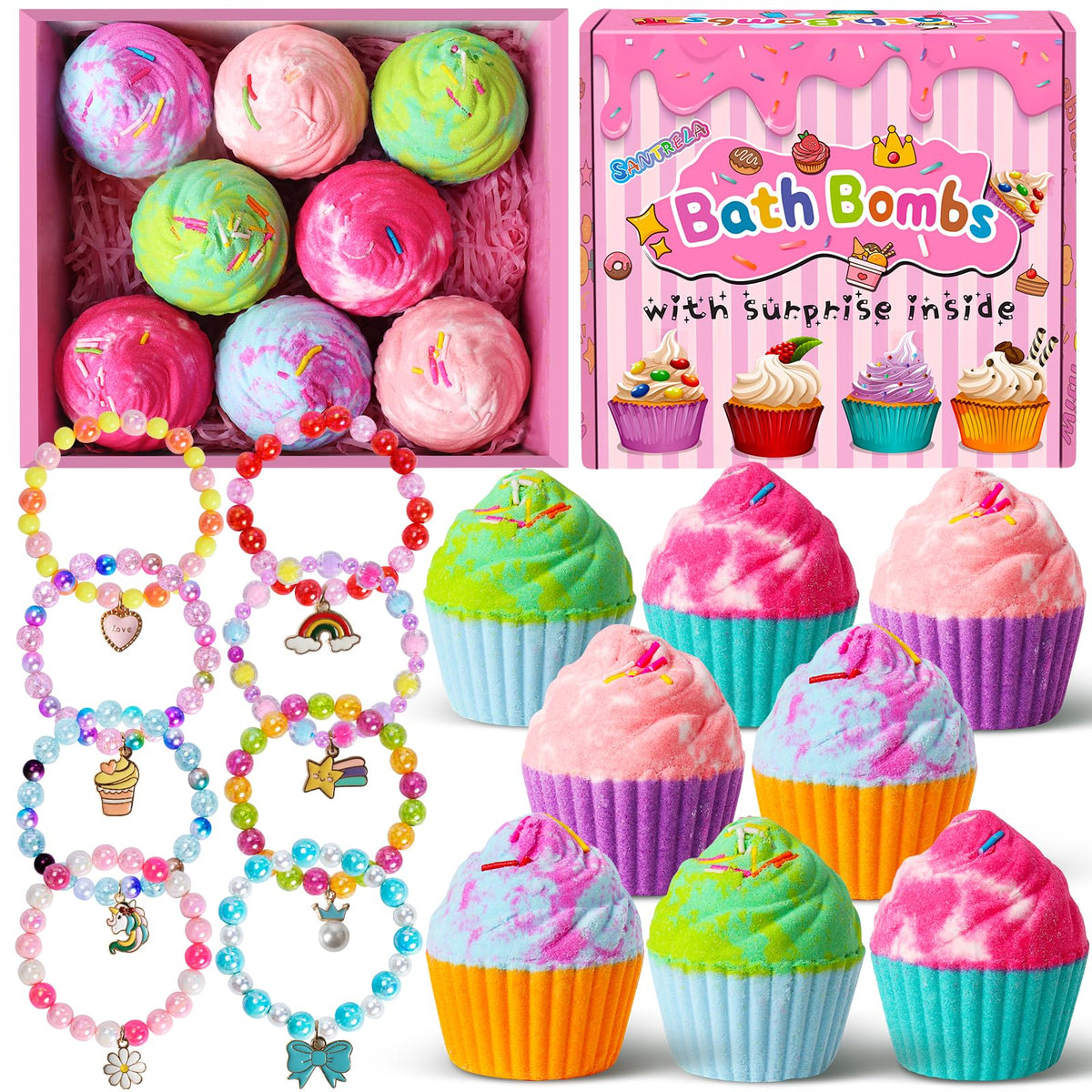 Santrela bath bombs cupcake gift set box — colorful fizzies for kids' bath time.