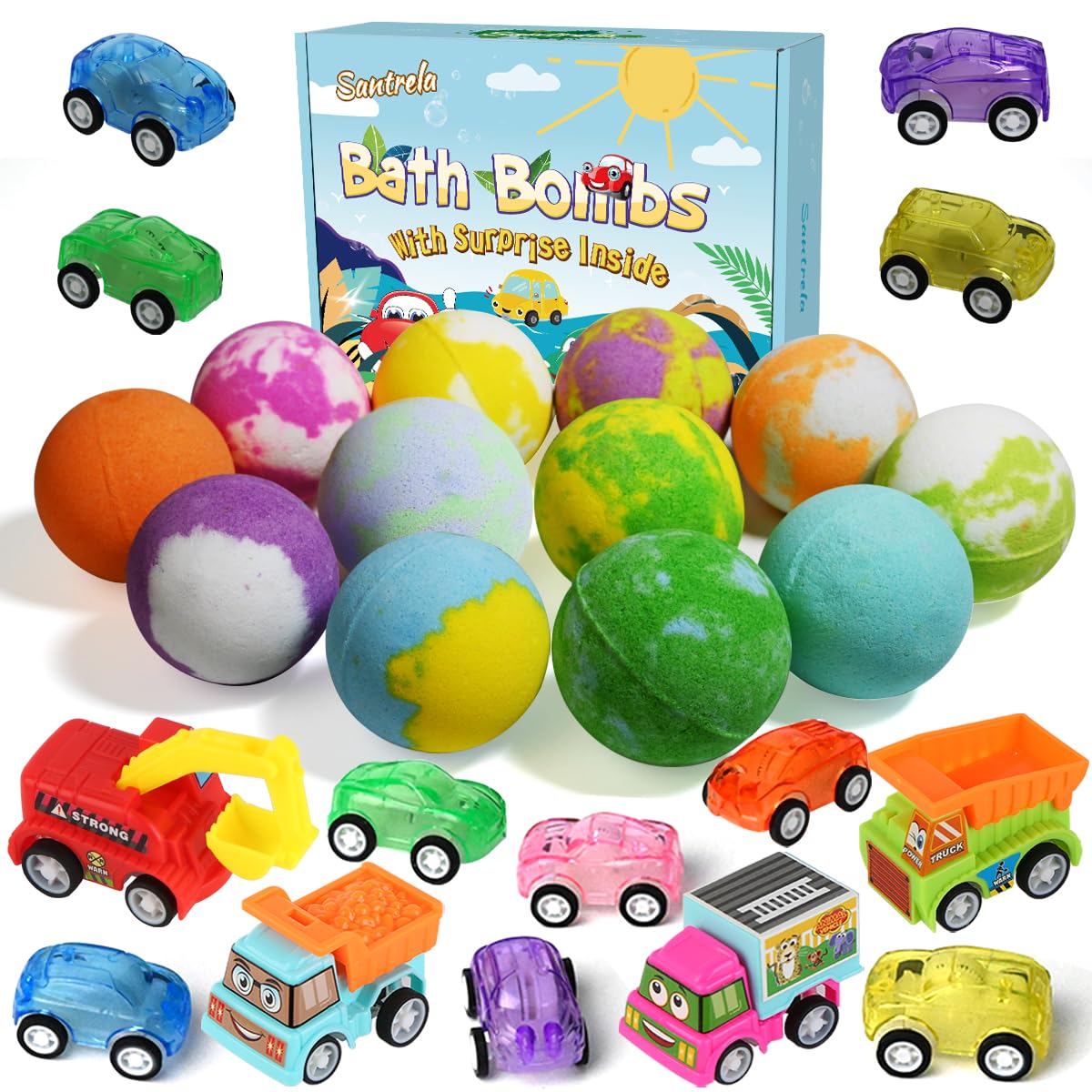 Santrela bath bombs with car toy inside promote fun bath time for kids.