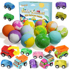 Santrela bath bombs with car toy inside promote fun bath time for kids.