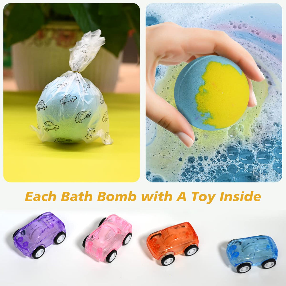 Santrela bath bombs reveal pull-back car toys during fizzing play.