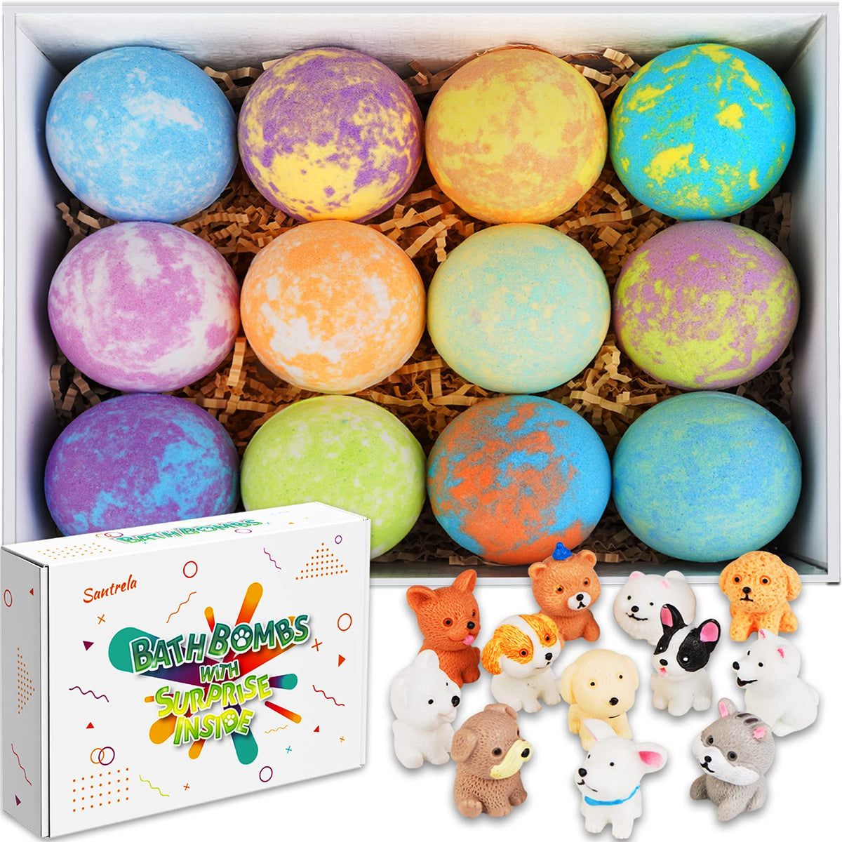 Santrela bath bombs surprise toy inside 12-set reveal during fizz for bath-time fun.