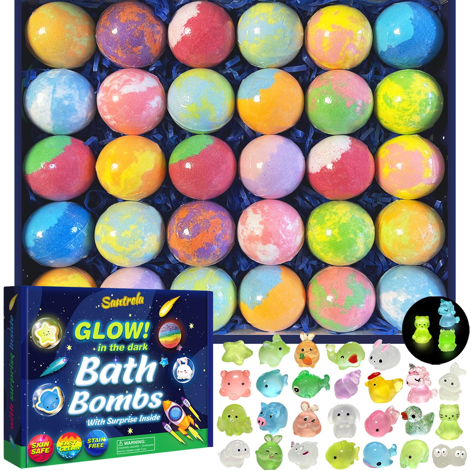 Santrela kids bath bombs 30-pack packaging makes gifting easy.