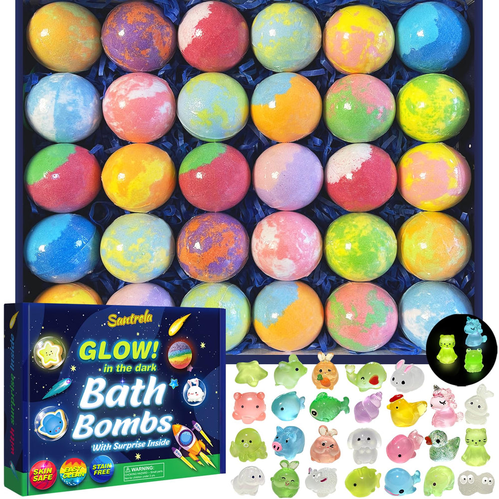 Santrela kids bath bombs 30-pack packaging makes gifting easy.