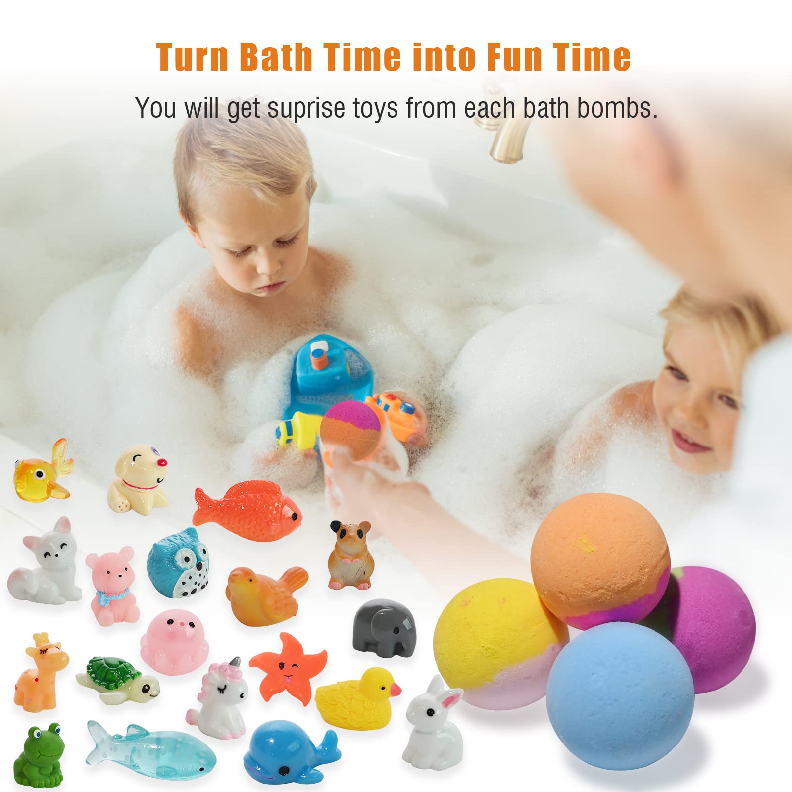 Santrela kids bath time moments with vibrant colors and surprise toys.