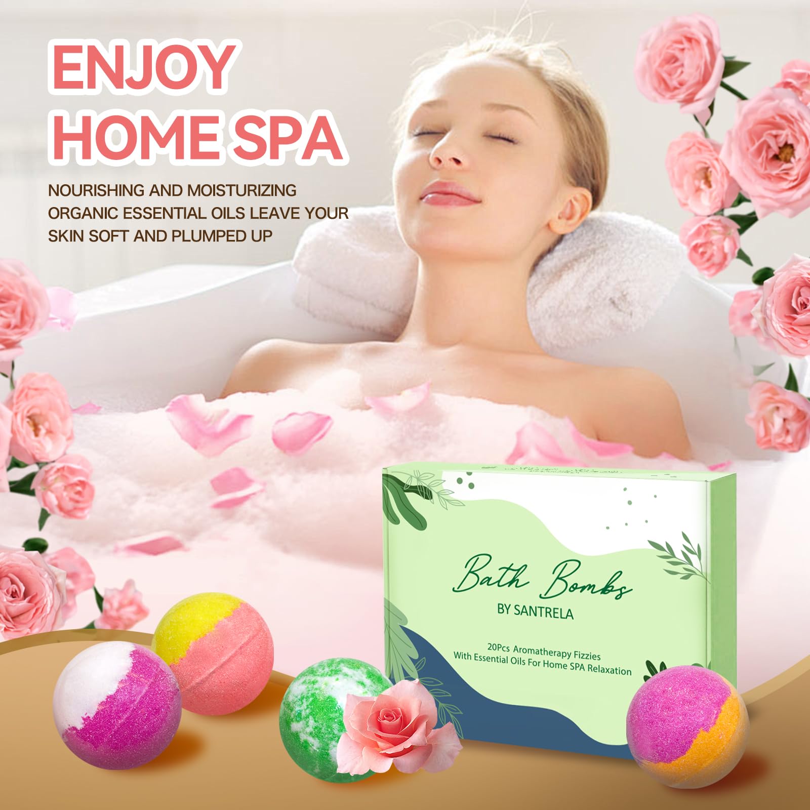 Santrela lavender honeysuckle scent bath bomb offers calming fragrance for stress-relief aromatherapy ritual.