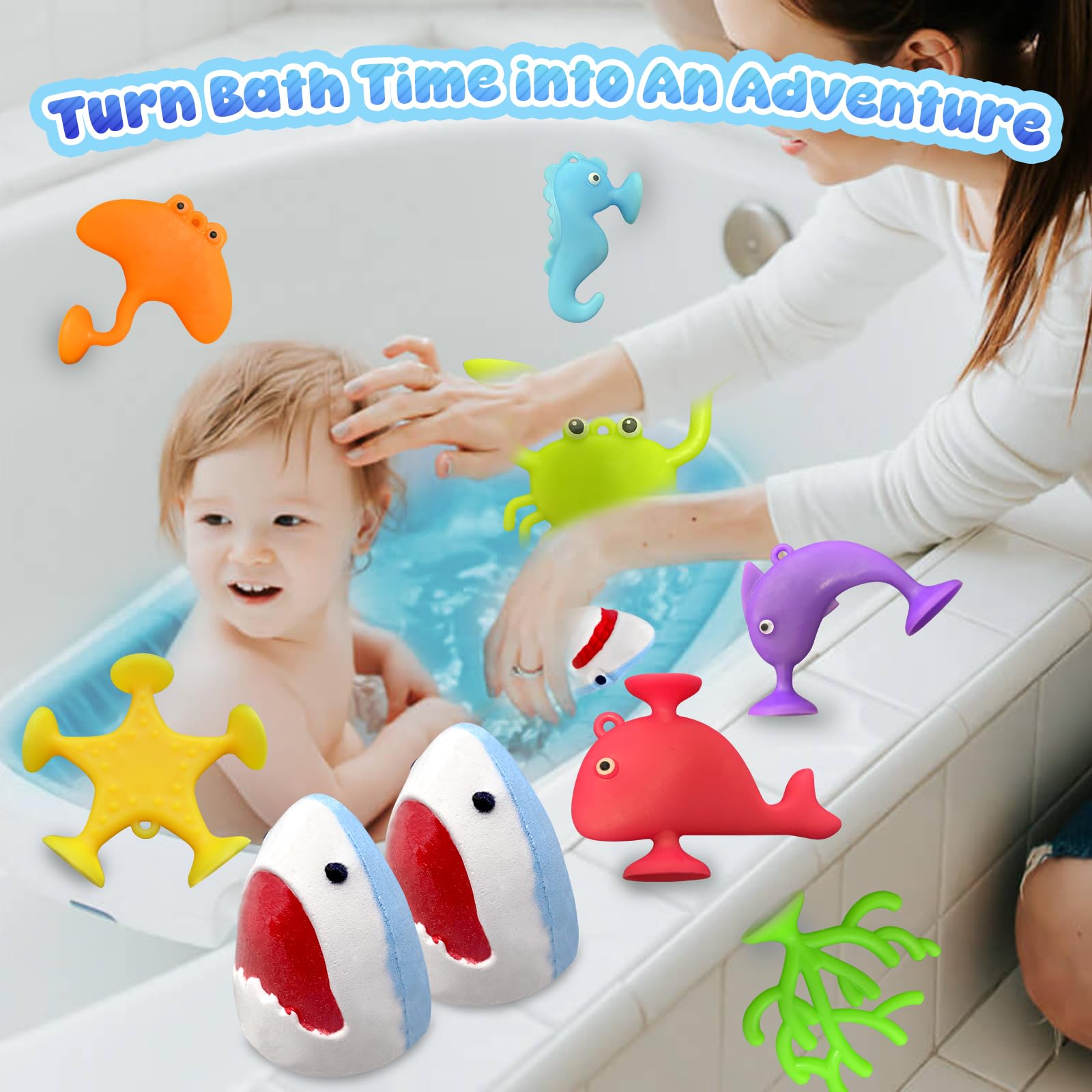 Santrela Shark Bath Bombs color burst creating vibrant water and engaging sensory play for kids.