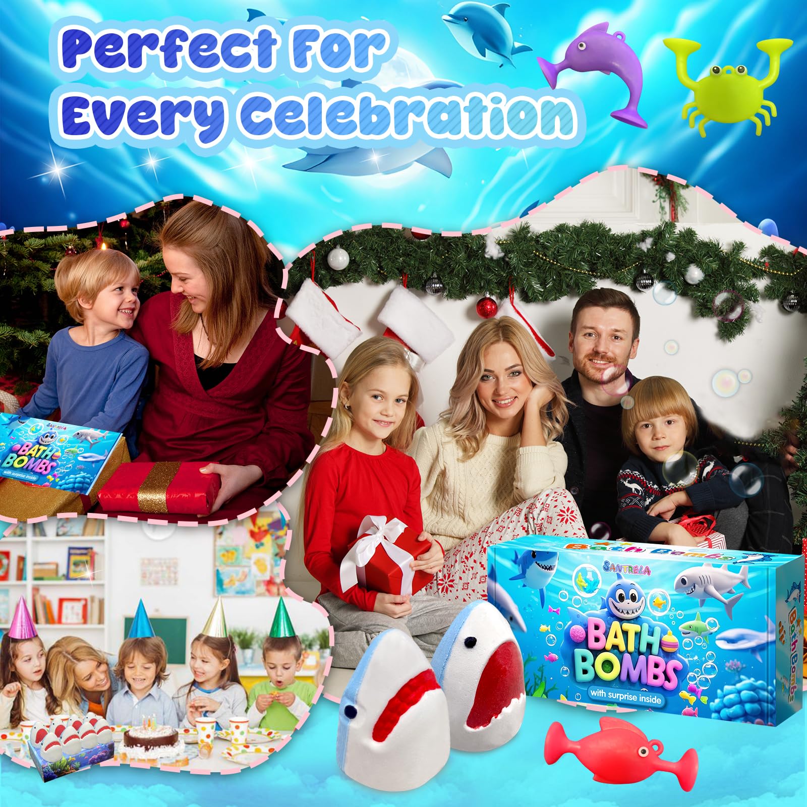 Santrela Shark Bath Bombs gift-ready set ideal for birthdays and holidays.