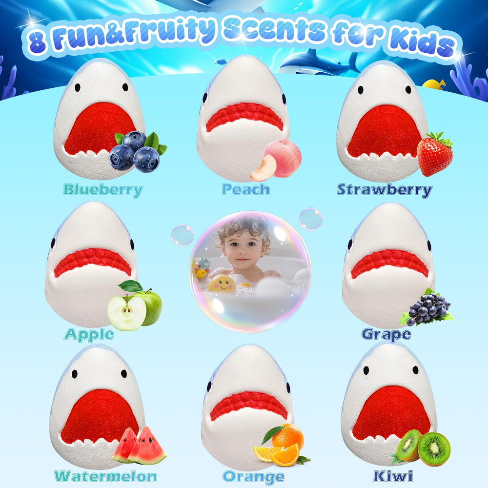 Santrela Shark Bath Bombs shark shape dissolving releases colorful fizz and bubbles in bath.