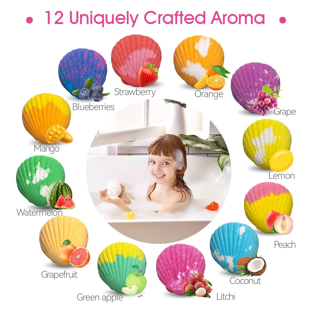 Santrela twelve scents lineup including blueberry strawberry orange for baths