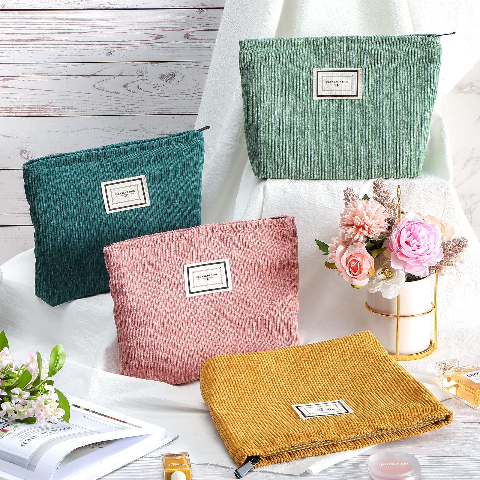 Sanwuta corduroy makeup bag open top enables easy access.