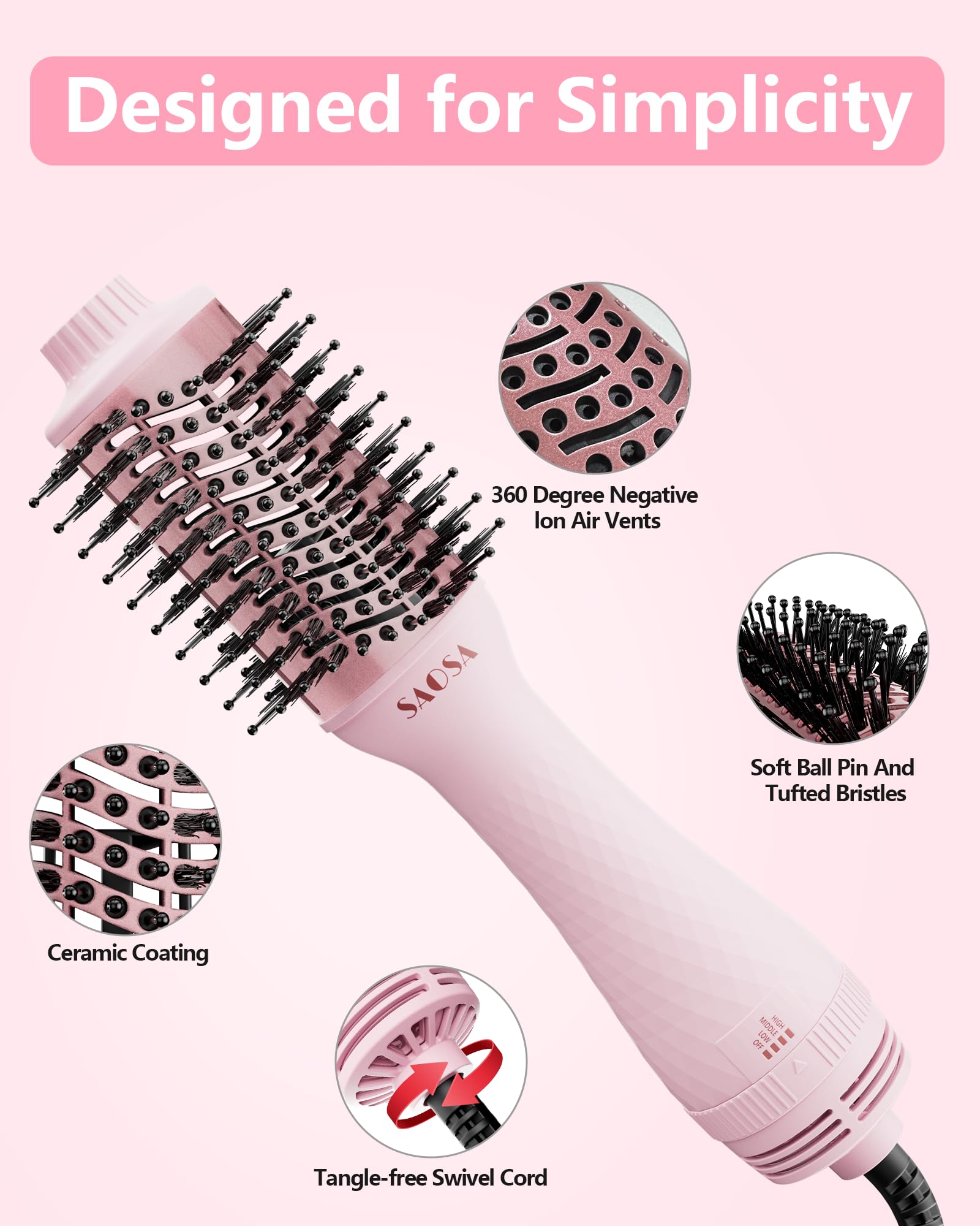 SAOSA Hair Dryer Brush heat settings layout for versatile styling