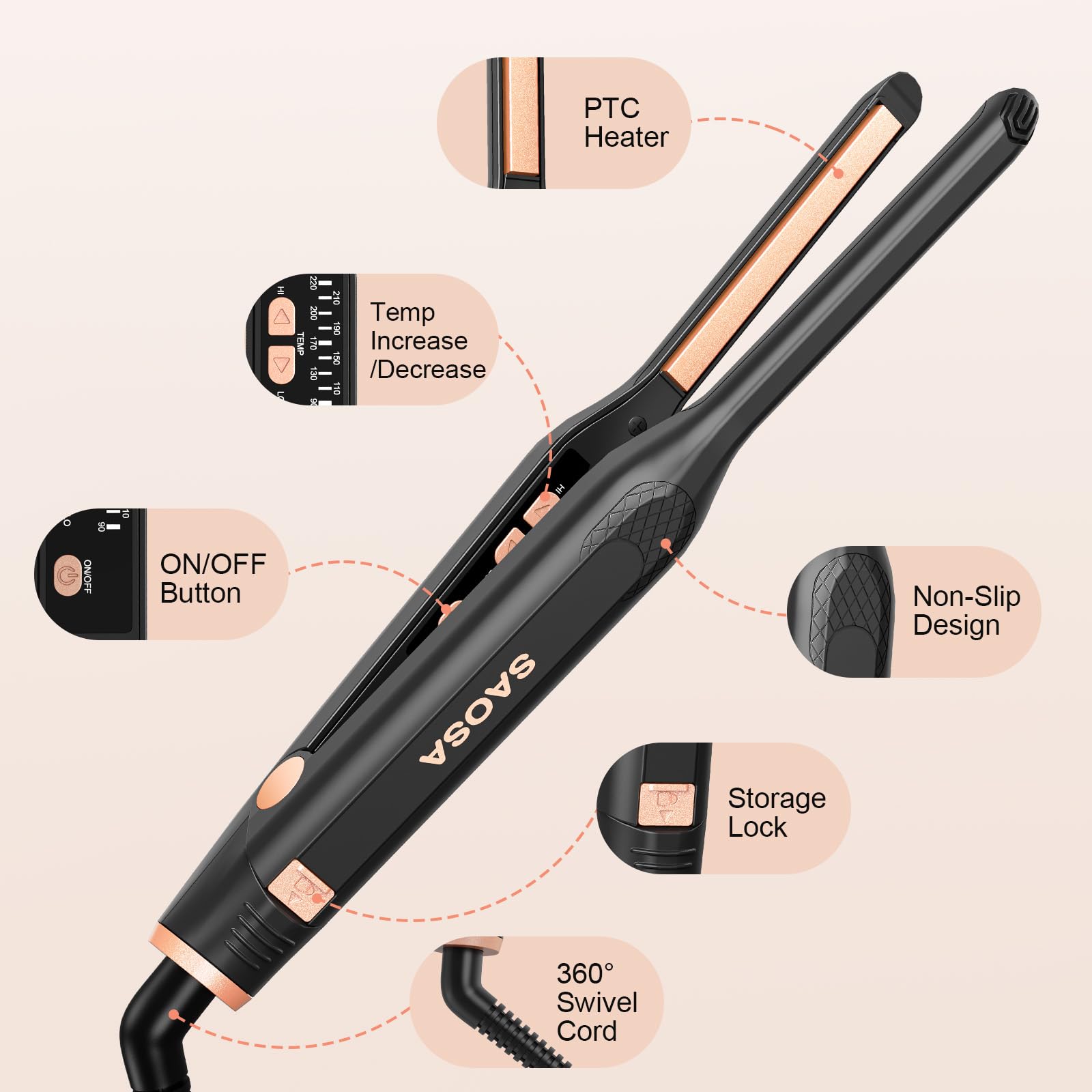 SAOSA Pencil Flat Iron 6.5 ft swivel cord enables flexible styling