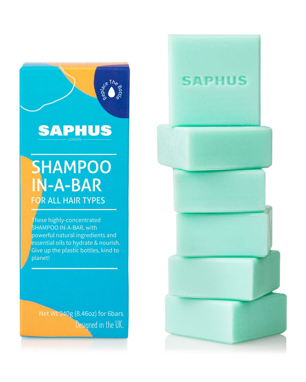 SAPHUS 6pcs shampoo bars pack front view in blue for travel-friendly care.