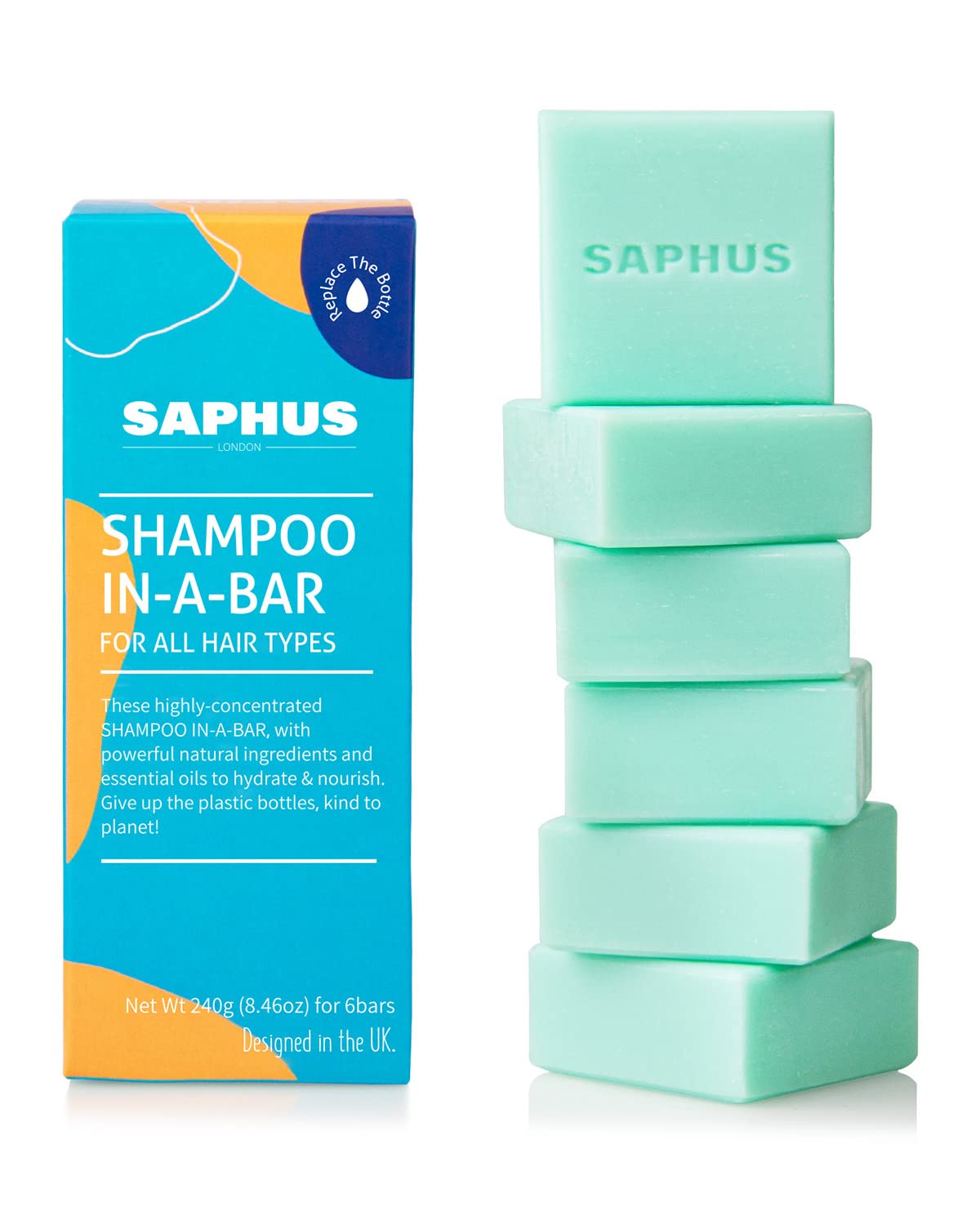 SAPHUS 6pcs shampoo bars pack front view in blue for travel-friendly care.