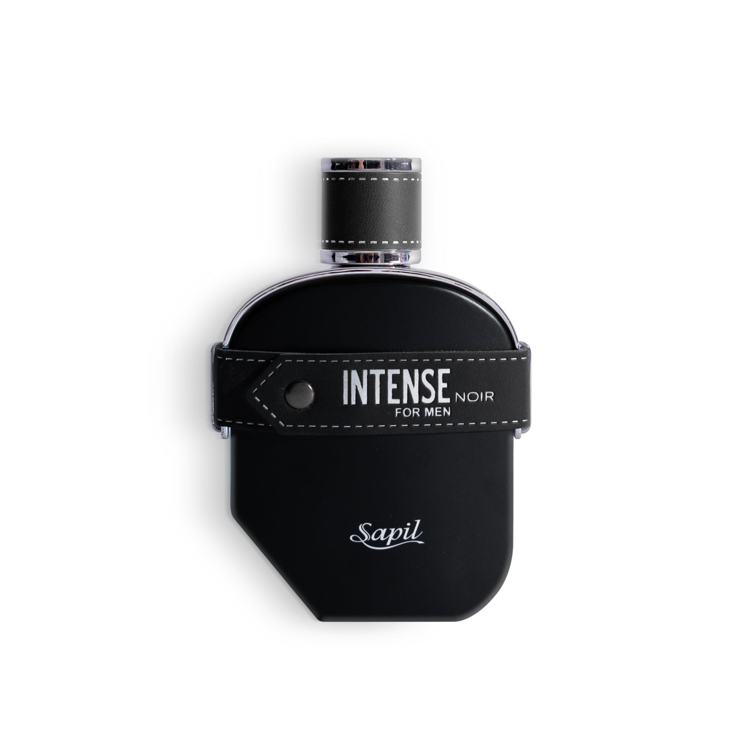 Sapil Intense Noir bottle close-up shows premium masculine design for day-to-night wear.