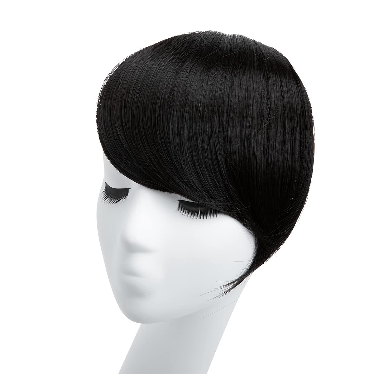 Sarla side bangs clip-in off black clip opening wearing demonstrates quick application for effortless style.