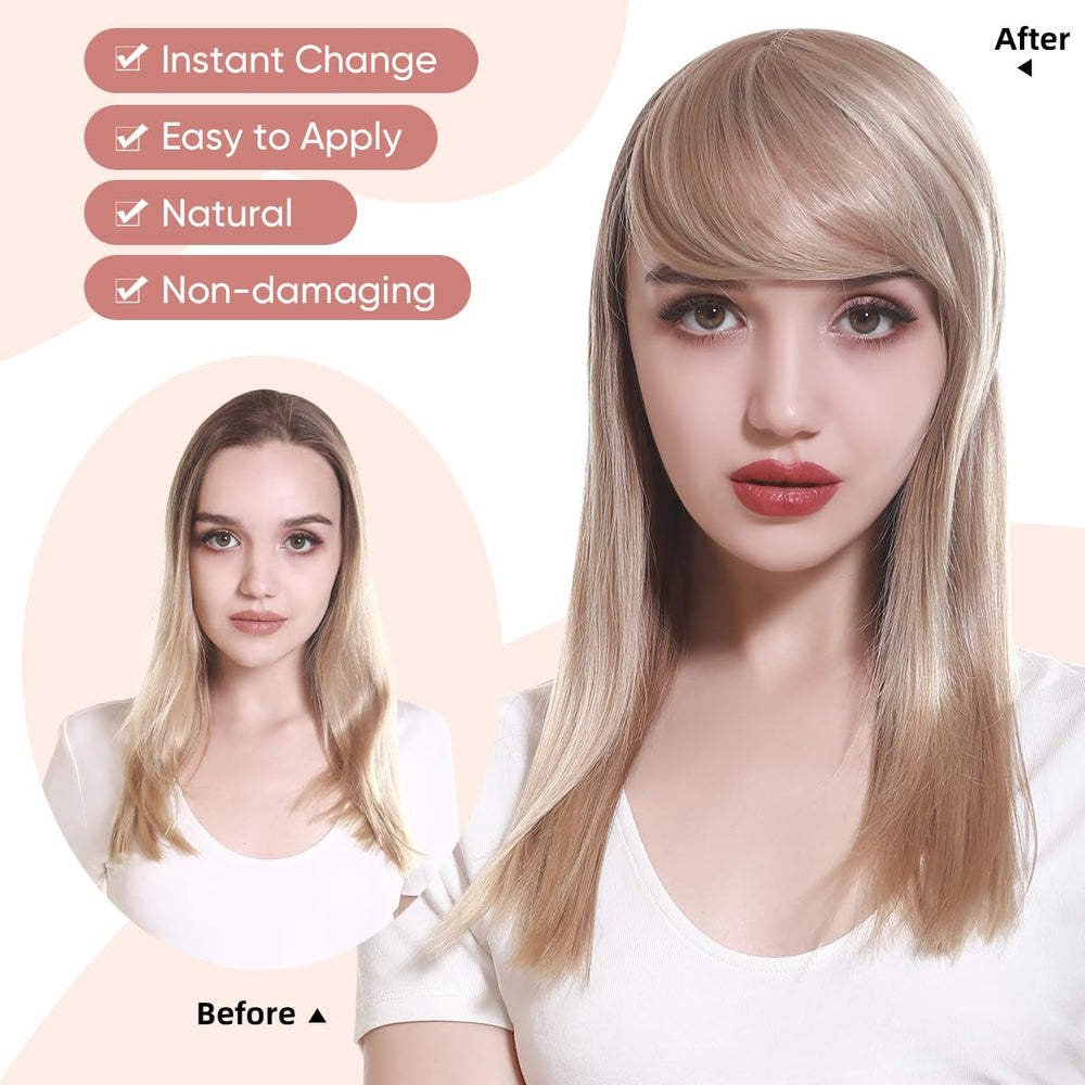 Sarla side bangs clip-in off black heat-friendly fiber supports curling up to 350°F.