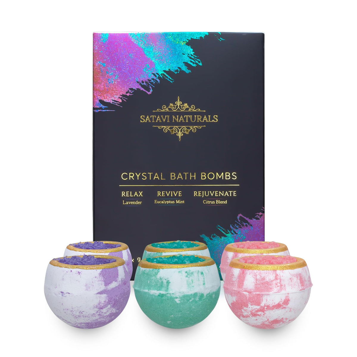 Satavi Naturals crystal bath bombs gift set boxed for spa night relaxation